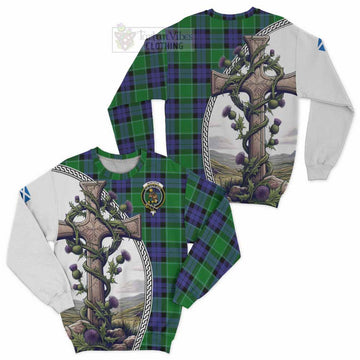 Monteith Tartan Sweatshirt with Family Crest and St. Andrew's Cross Accented by Thistle Vines Unisex - Tartan Vibes Clothing