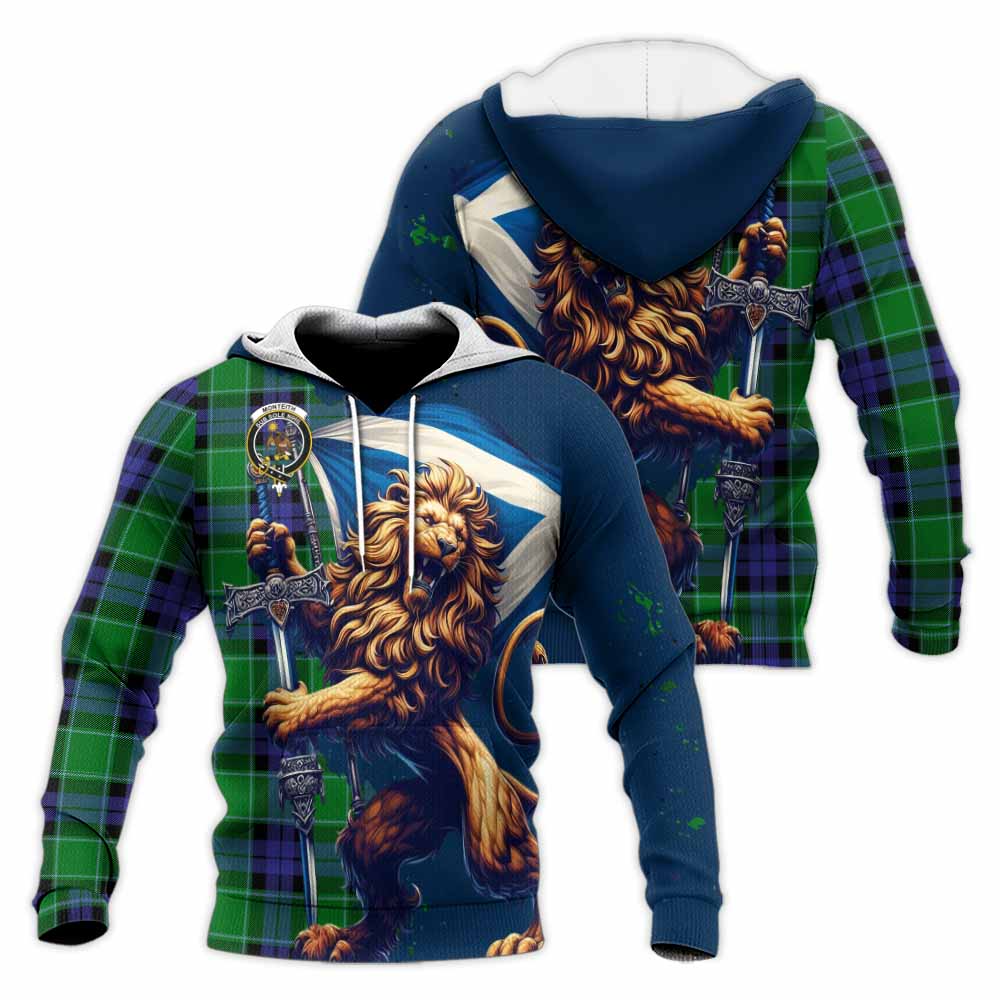 Tartan Vibes Clothing Monteith Tartan Family Crest Knitted Hoodie with Scottish Majestic Lion