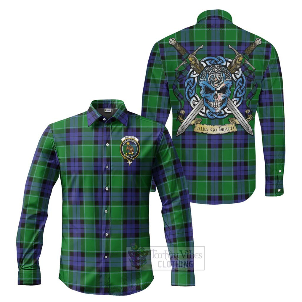 Tartan Vibes Clothing Monteith Tartan Long Sleeve Button Shirt with Family Crest Celtic Skull Style