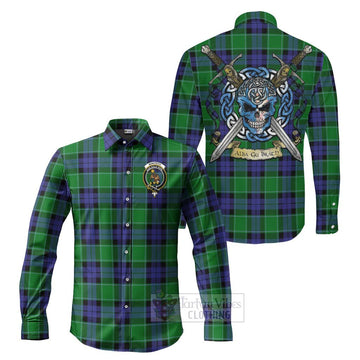 Monteith Tartan Long Sleeve Button Shirt with Family Crest Celtic Skull Style