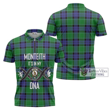 Monteith Tartan Zipper Polo Shirt with Family Crest DNA In Me Style Unisex - Tartan Vibes Clothing