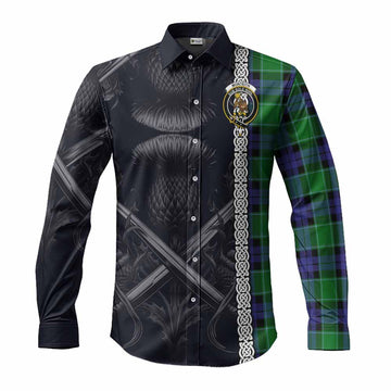 Monteith Tartan Long Sleeve Button Shirt with Family Crest Cross Sword Thistle Celtic Vibes Men's Shirt S - Tartan Vibes Clothing