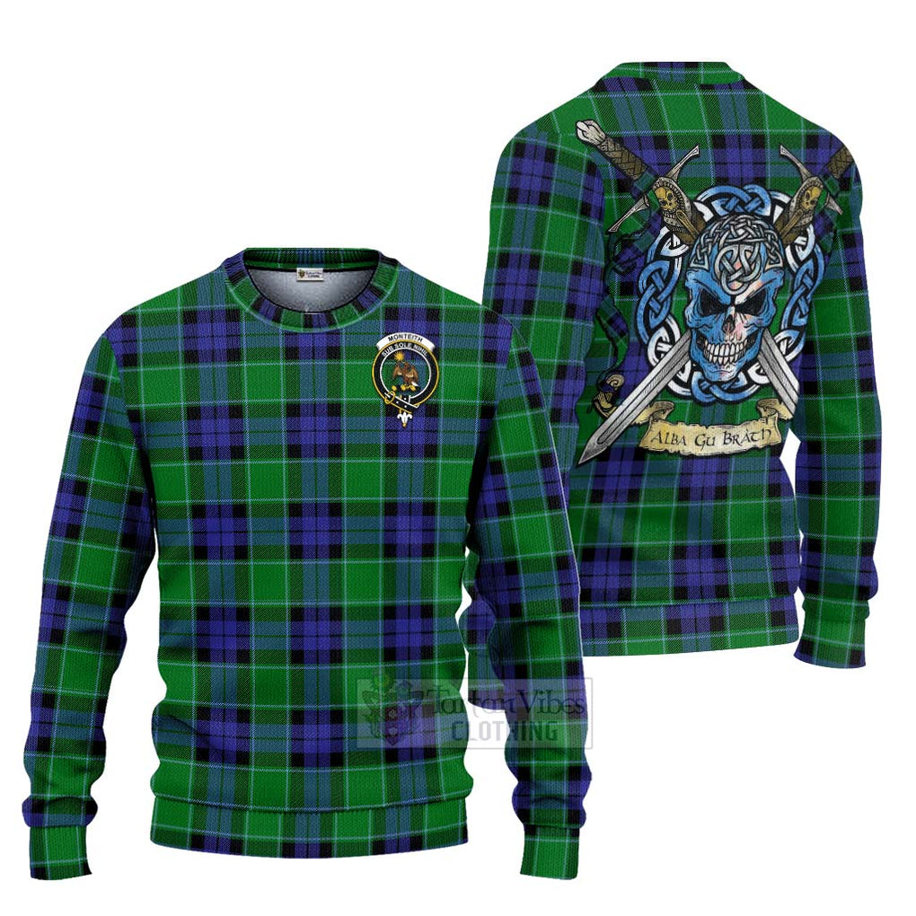 Tartan Vibes Clothing Monteith Tartan Knitted Sweater with Family Crest Celtic Skull Style