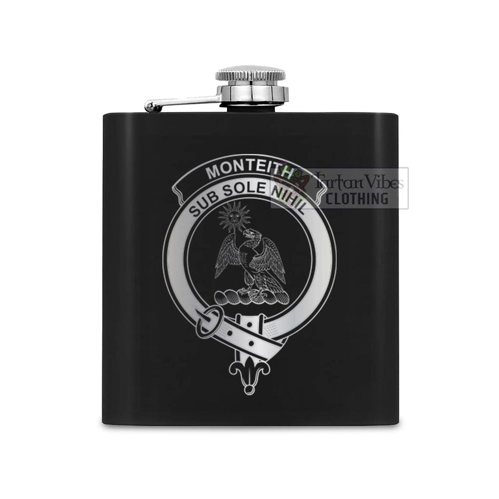 Monteith Crest Hip Flask Set 7oz Black Stainless Steel with A Gift Box One Size 7oz - 2D-tartanvibesclothing