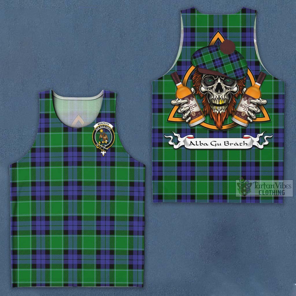 Tartan Vibes Clothing Monteith Tartan Men's Tank Top with Family Crest and Bearded Skull Holding Bottles of Whiskey