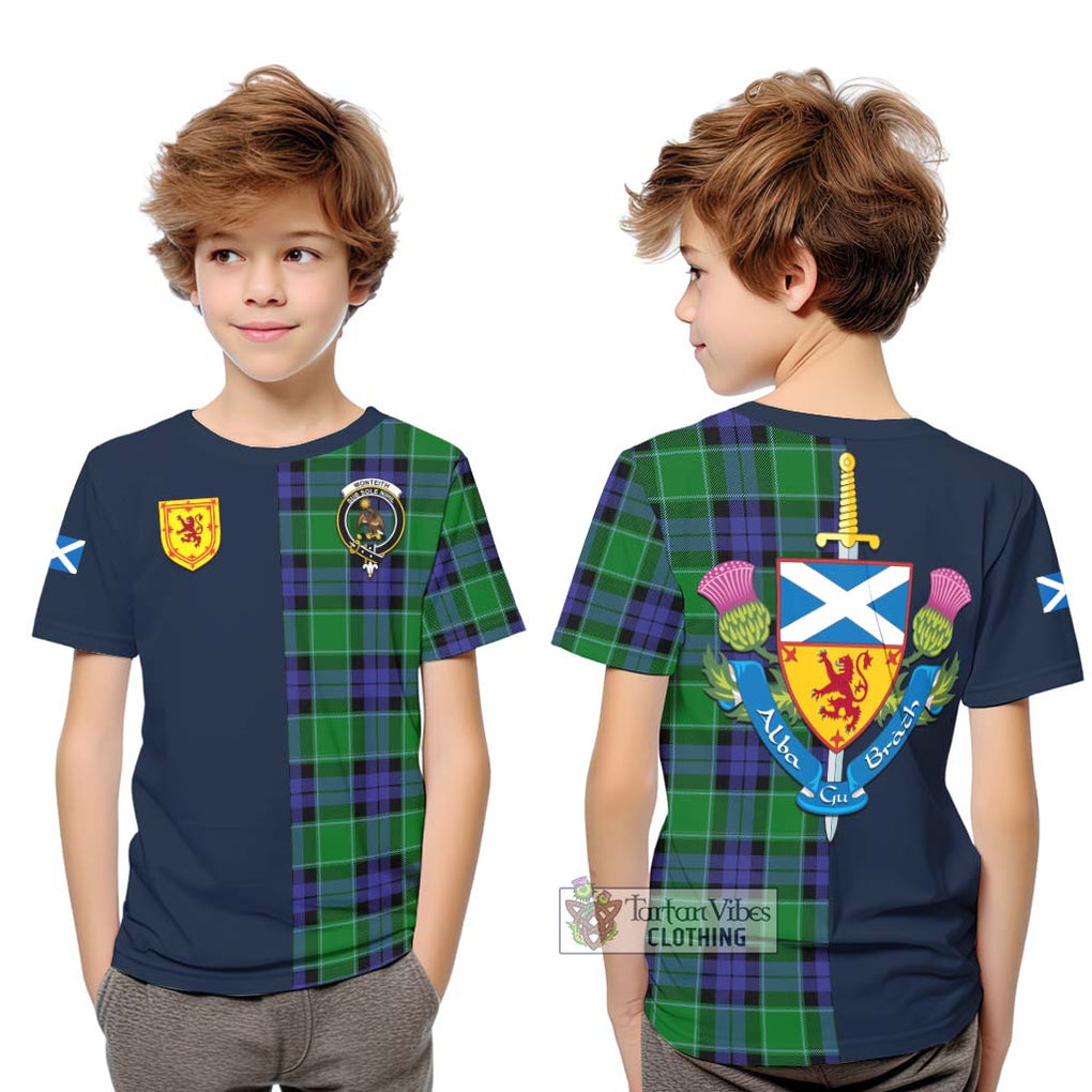Monteith Tartan Kid T-Shirt Alba with Scottish Lion Royal Arm Half Style Youth XL Size14 - Tartan Vibes Clothing