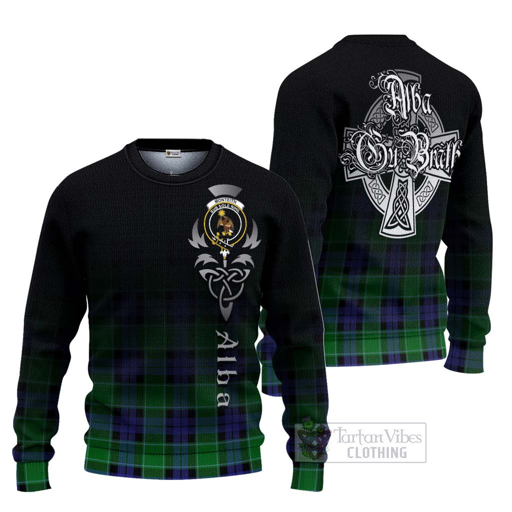 Tartan Vibes Clothing Monteith Tartan Knitted Sweater Featuring Alba Gu Brath Family Crest Celtic Inspired