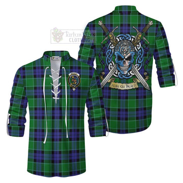 Monteith Tartan Ghillie Kilt Shirt with Family Crest Celtic Skull Style Men - Tartan Vibes Clothing