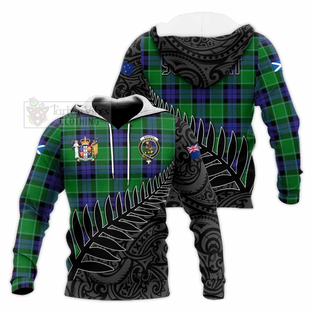 Tartan Vibes Clothing Monteith Crest Tartan Knitted Hoodie with New Zealand Silver Fern Half Style