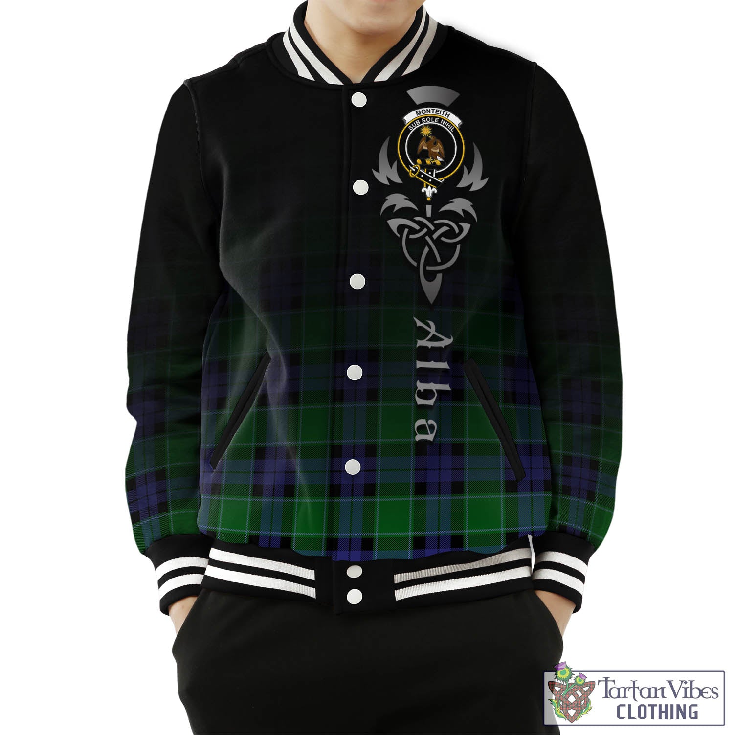 Tartan Vibes Clothing Monteith Tartan Baseball Jacket Featuring Alba Gu Brath Family Crest Celtic Inspired