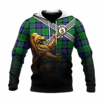 Monteith Crest Tartan Knitted Hoodie with Golden Lion Emblem Celtic Style Unisex Knitted Pullover Hoodie - Tartan Vibes Clothing