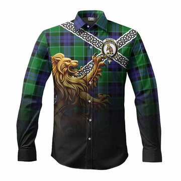 Monteith Crest Tartan Long Sleeve Button Shirt with Golden Lion Emblem Celtic Style Men's Shirt S - Tartan Vibes Clothing