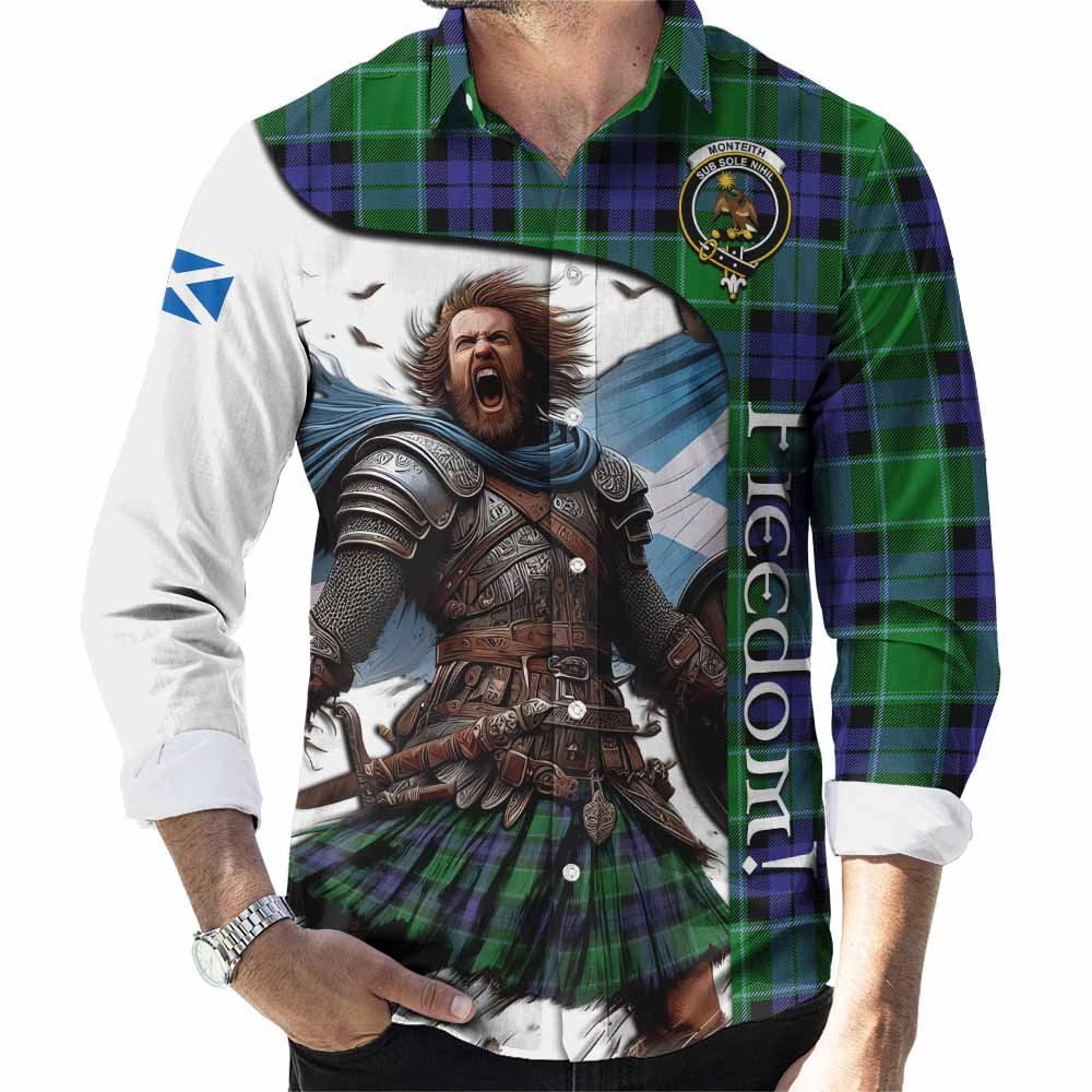 Tartan Vibes Clothing Monteith Crest Tartan Long Sleeve Button Shirt Inspired by the Freedom of Scottish Warrior