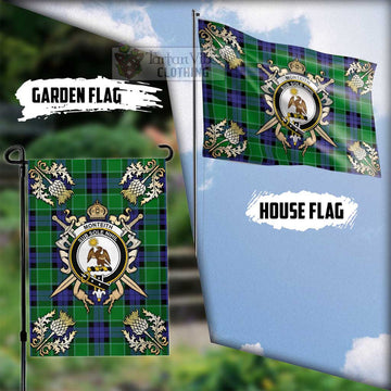 Monteith Tartan Flag with Family Crest and Golden Thistle Crossed Sword Design