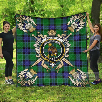 Monteith Tartan Quilt with Family Crest and Scottish Golden Courage Shield