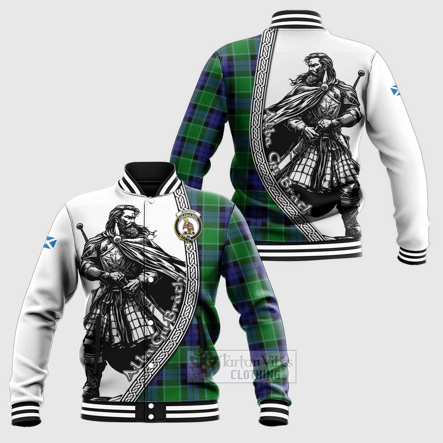Monteith Tartan Clan Crest Baseball Jacket with Highlander Warrior Celtic Style Unisex - Tartan Vibes Clothing
