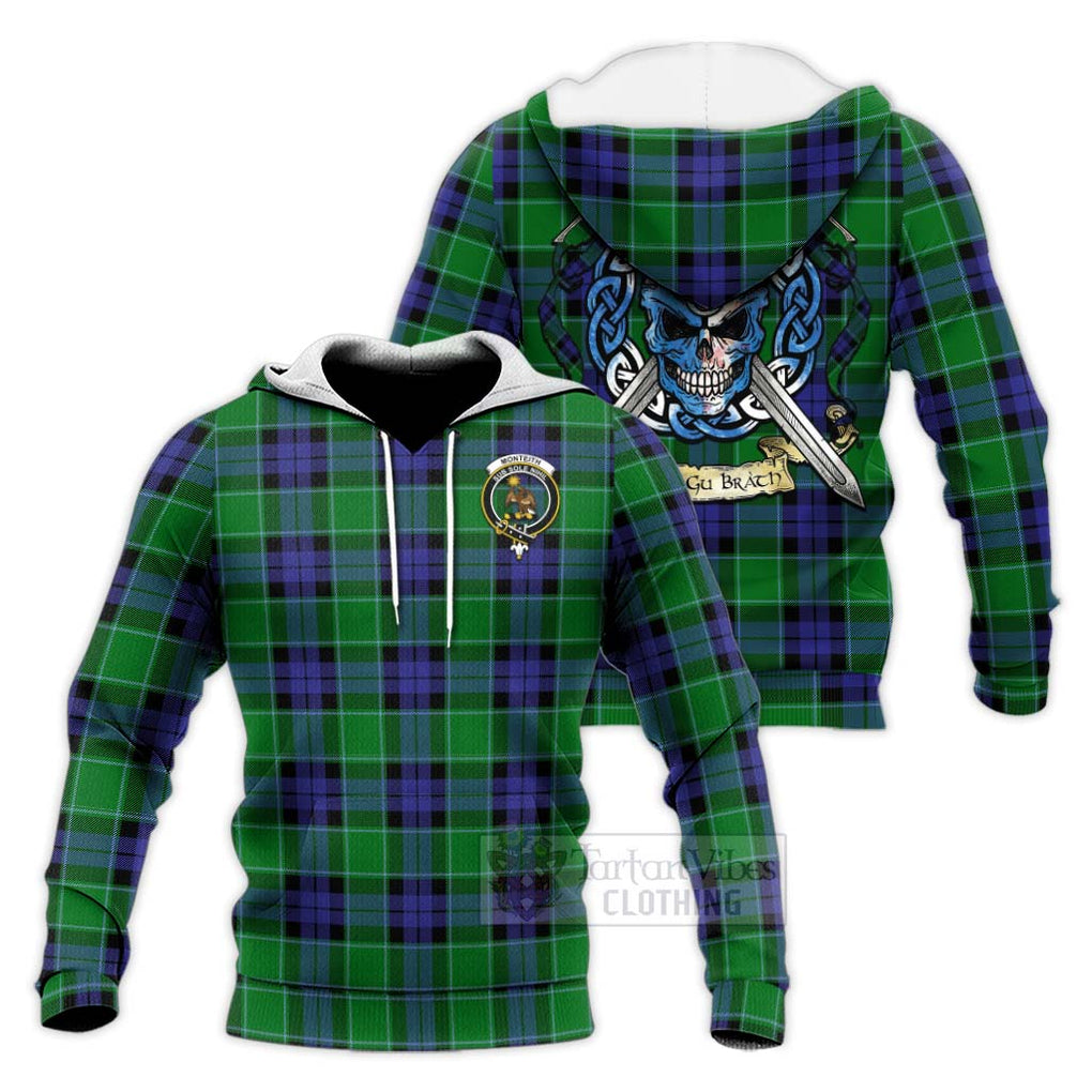 Tartan Vibes Clothing Monteith Tartan Knitted Hoodie with Family Crest Celtic Skull Style