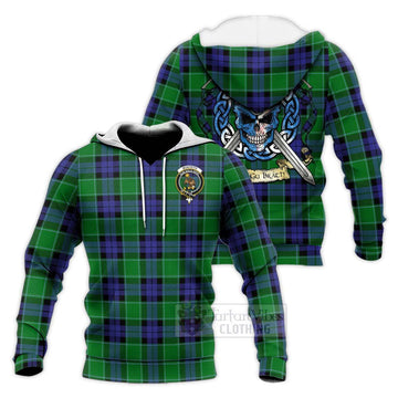 Monteith Tartan Knitted Hoodie with Family Crest Celtic Skull Style