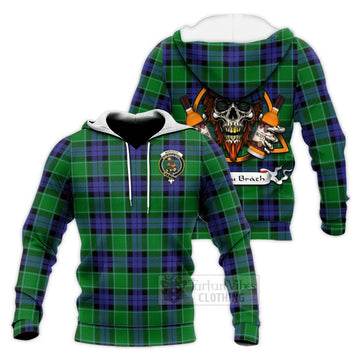 Monteith Tartan Knitted Hoodie with Family Crest and Bearded Skull Holding Bottles of Whiskey