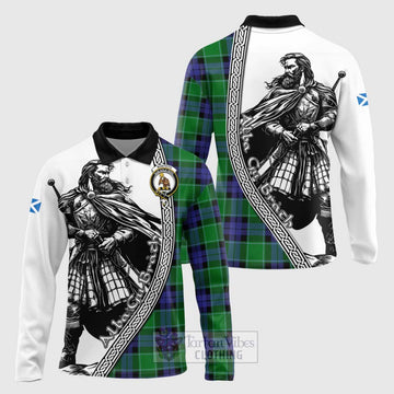 Monteith Tartan Clan Crest Long Sleeve Polo Shirt with Highlander Warrior Celtic Style Unisex - Tartan Vibes Clothing