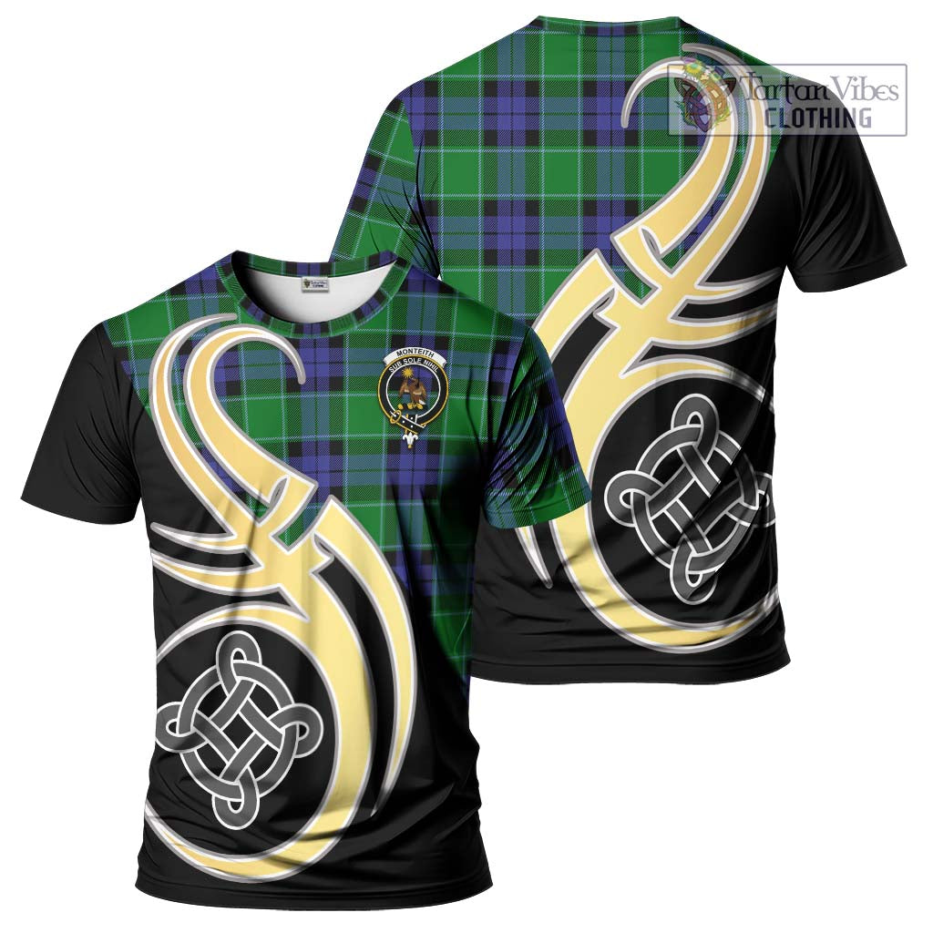 Tartan Vibes Clothing Monteith Tartan T-Shirt with Family Crest and Celtic Symbol Style