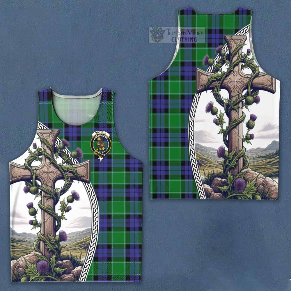 Monteith Tartan Men's Tank Top with Family Crest and St. Andrew's Cross Accented by Thistle Vines Men - Tartan Vibes Clothing