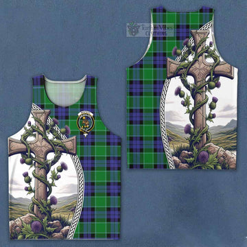 Monteith Tartan Men's Tank Top with Family Crest and St. Andrew's Cross Accented by Thistle Vines Men - Tartan Vibes Clothing