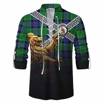 Monteith Crest Tartan Ghillie Kilt Shirt with Golden Lion Emblem Celtic Style Men - Tartan Vibes Clothing