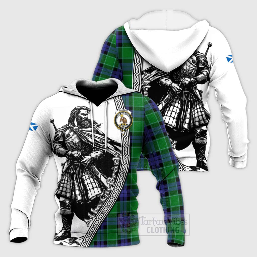 Tartan Vibes Clothing Monteith Tartan Clan Crest Knitted Hoodie with Highlander Warrior Celtic Style