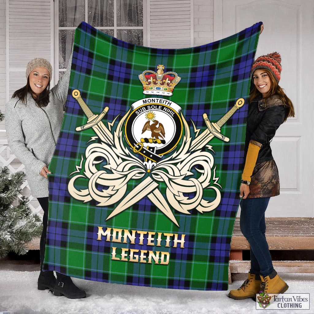 Tartan Vibes Clothing Monteith Tartan Blanket with Clan Crest and the Golden Sword of Courageous Legacy