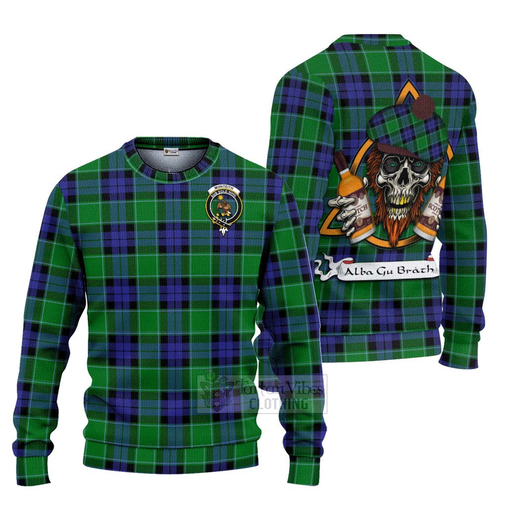 Tartan Vibes Clothing Monteith Tartan Knitted Sweater with Family Crest and Bearded Skull Holding Bottles of Whiskey