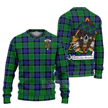 Monteith Tartan Ugly Sweater with Family Crest and Bearded Skull Holding Bottles of Whiskey