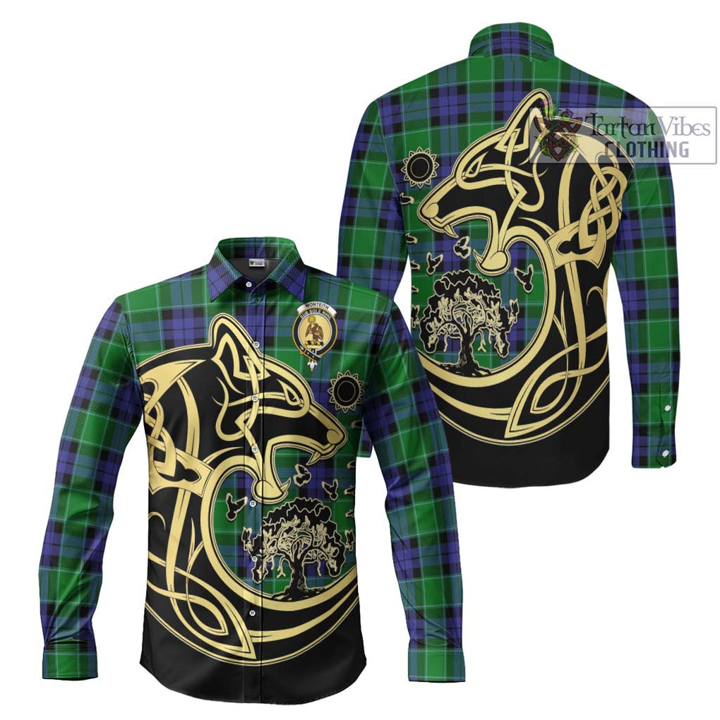 Monteith Tartan Long Sleeve Button Shirt with Family Crest Celtic Wolf Style Men's Shirt S - Tartan Vibes Clothing