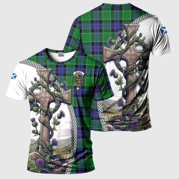 Monteith Tartan T-Shirt with Family Crest and St. Andrew's Cross Accented by Thistle Vines Kid's Shirt - Tartan Vibes Clothing