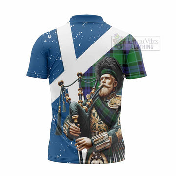 Monteith Tartan Zipper Polo Shirt with Family Crest Scottish Bagpiper Vibes - Tartan Vibes Clothing