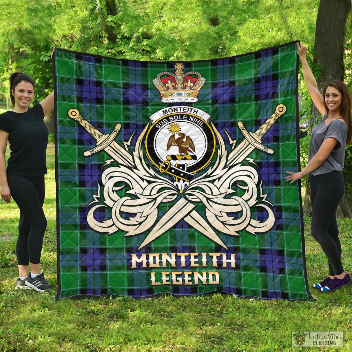 Tartan Vibes Clothing Monteith Tartan Quilt with Clan Crest and the Golden Sword of Courageous Legacy