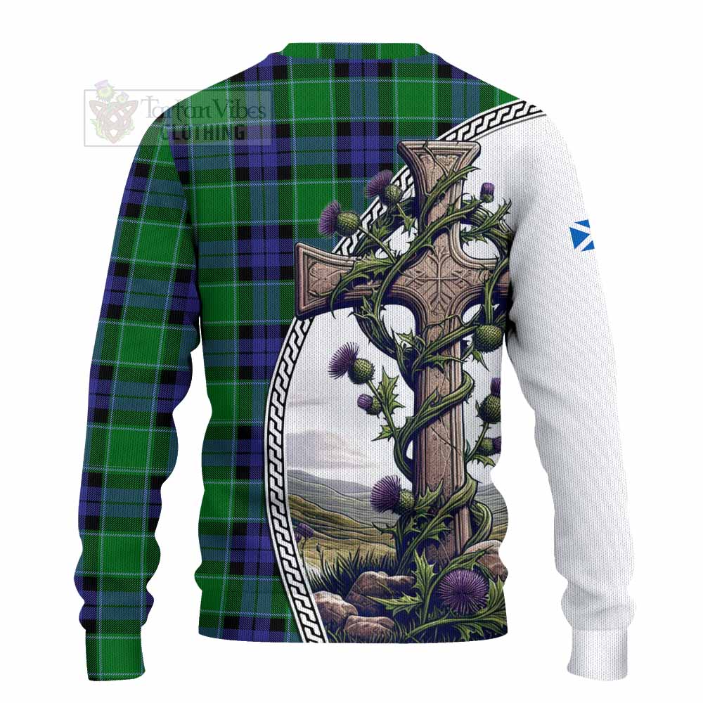 Tartan Vibes Clothing Monteith Tartan Knitted Sweater with Family Crest and St. Andrew's Cross Accented by Thistle Vines