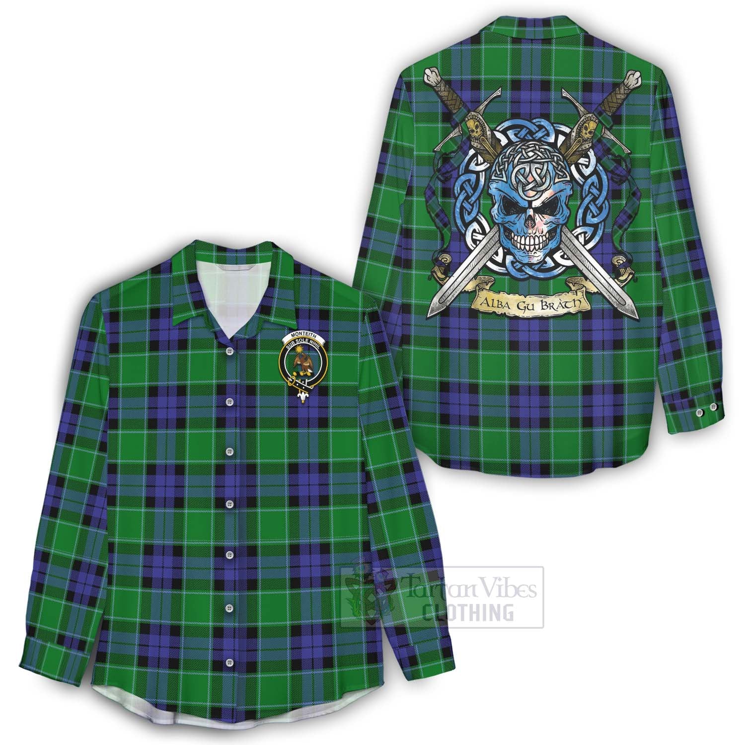 Tartan Vibes Clothing Monteith Tartan Women's Casual Shirt with Family Crest Celtic Skull Style