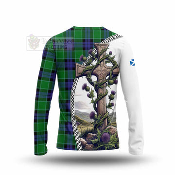 Monteith Tartan Long Sleeve T-Shirt with Family Crest and St. Andrew's Cross Accented by Thistle Vines - Tartan Vibes Clothing