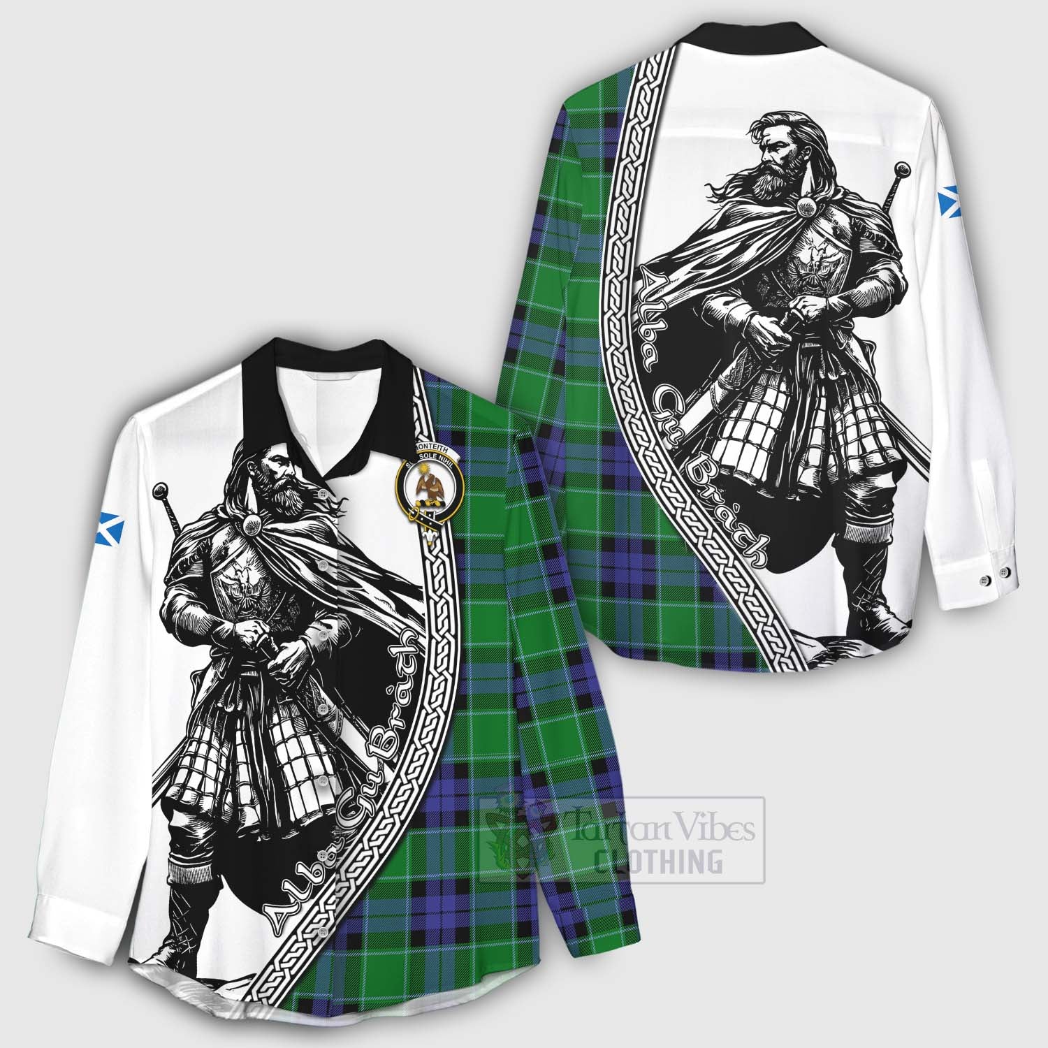 Tartan Vibes Clothing Monteith Tartan Clan Crest Women's Casual Shirt with Highlander Warrior Celtic Style