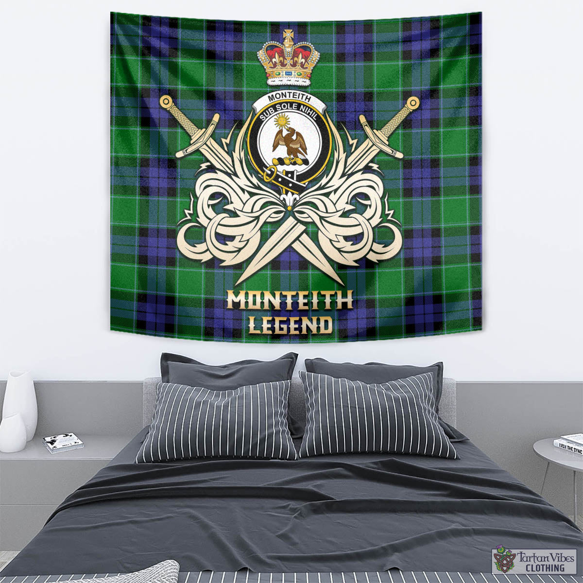 Tartan Vibes Clothing Monteith Tartan Tapestry with Clan Crest and the Golden Sword of Courageous Legacy