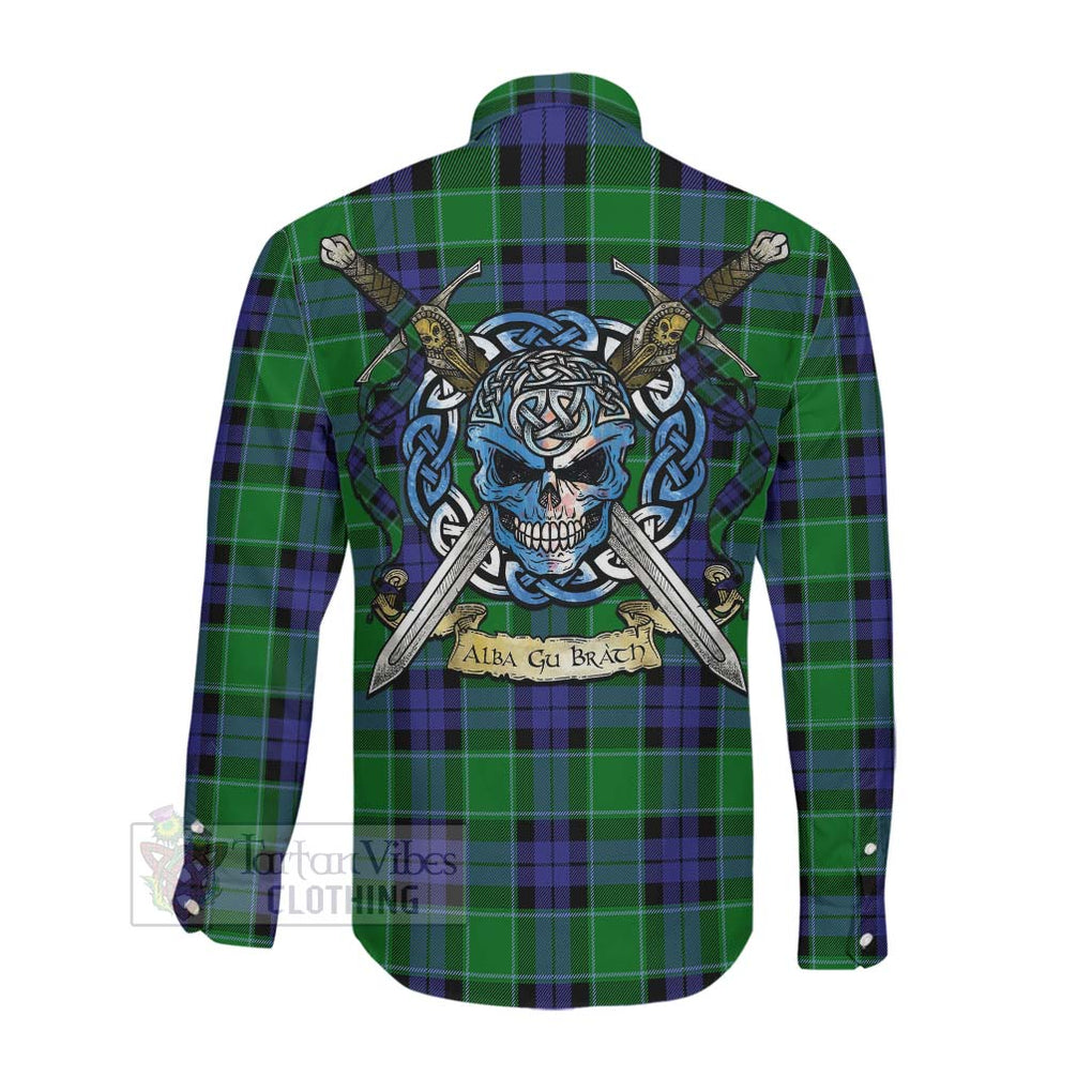 Tartan Vibes Clothing Monteith Tartan Long Sleeve Button Shirt with Family Crest Celtic Skull Style