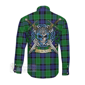 Monteith Tartan Long Sleeve Button Shirt with Family Crest Celtic Skull Style