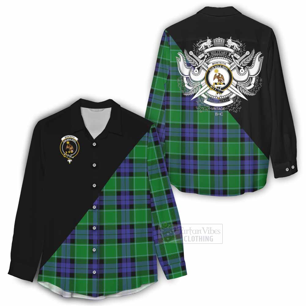 Tartan Vibes Clothing Monteith Tartan Women's Casual Shirt with Family Crest and Military Logo Style