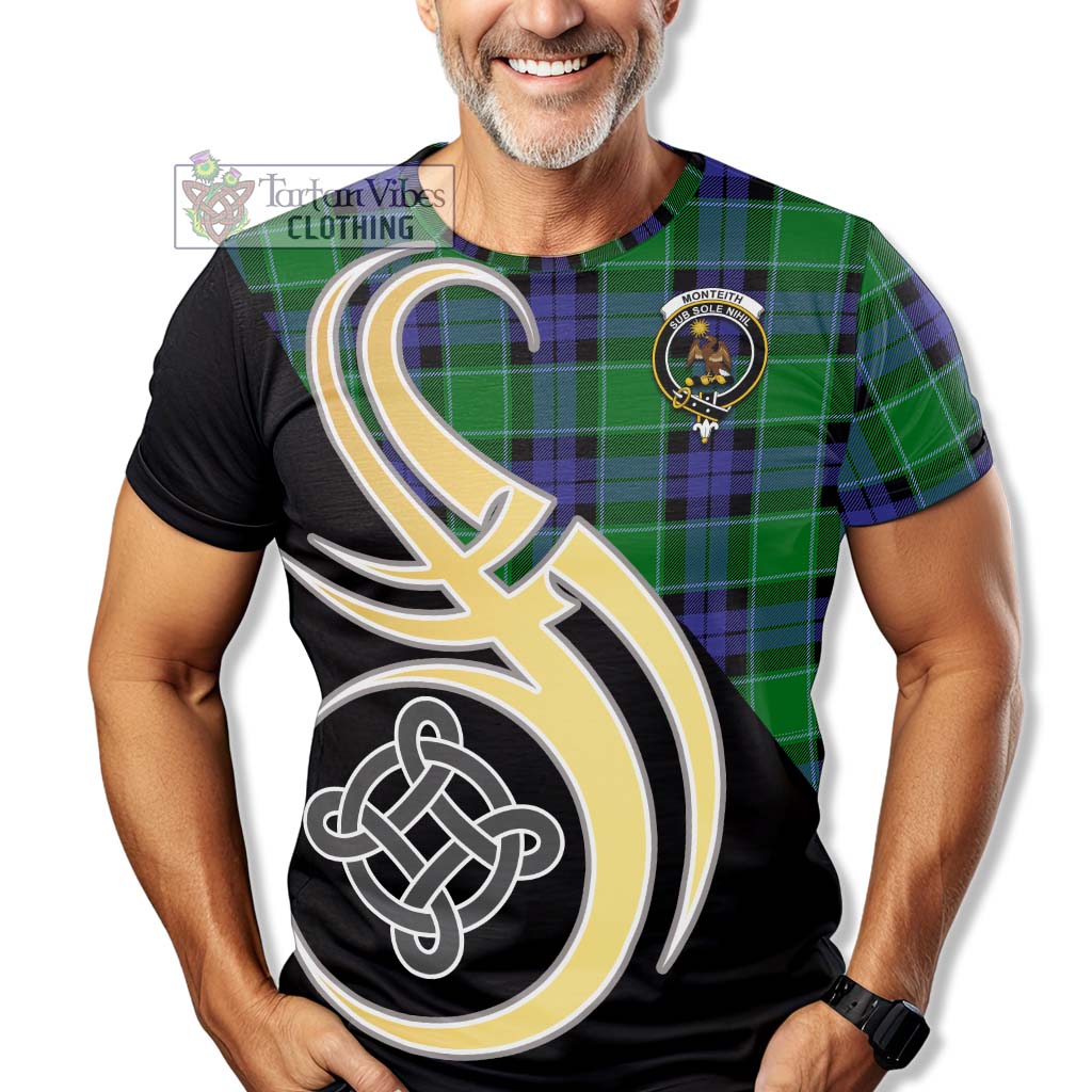 Tartan Vibes Clothing Monteith Tartan T-Shirt with Family Crest and Celtic Symbol Style