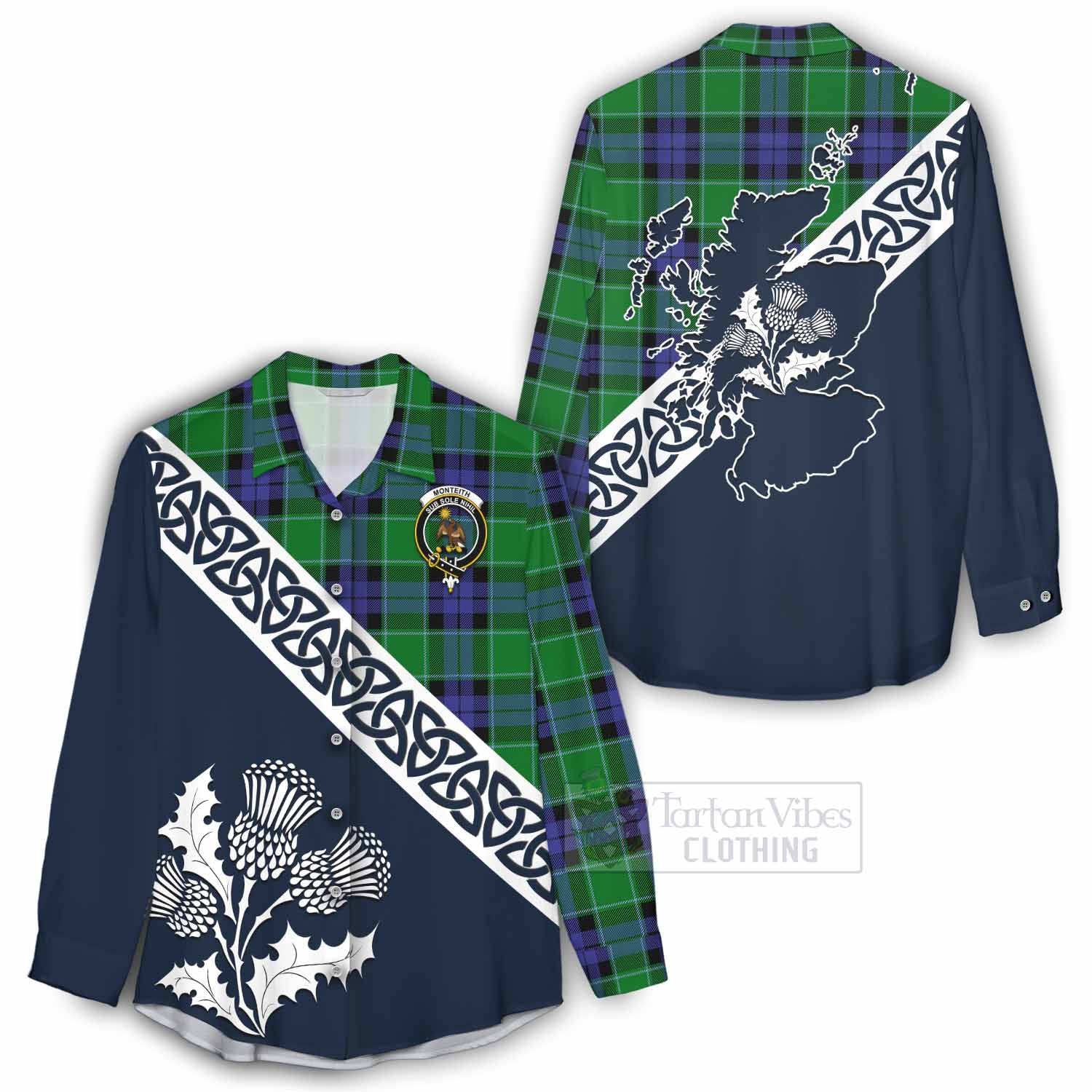 Tartan Vibes Clothing Monteith Tartan Women's Casual Shirt Featuring Thistle and Scotland Map