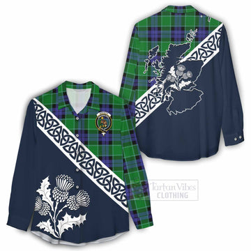 Monteith Tartan Women's Casual Shirt Featuring Thistle and Scotland Map