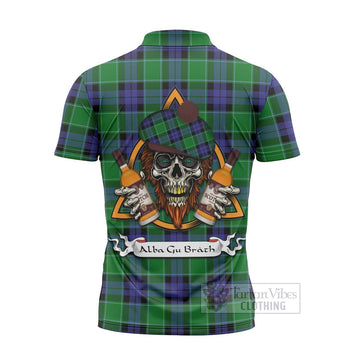 Monteith Tartan Zipper Polo Shirt with Family Crest and Bearded Skull Holding Bottles of Whiskey - Tartan Vibes Clothing