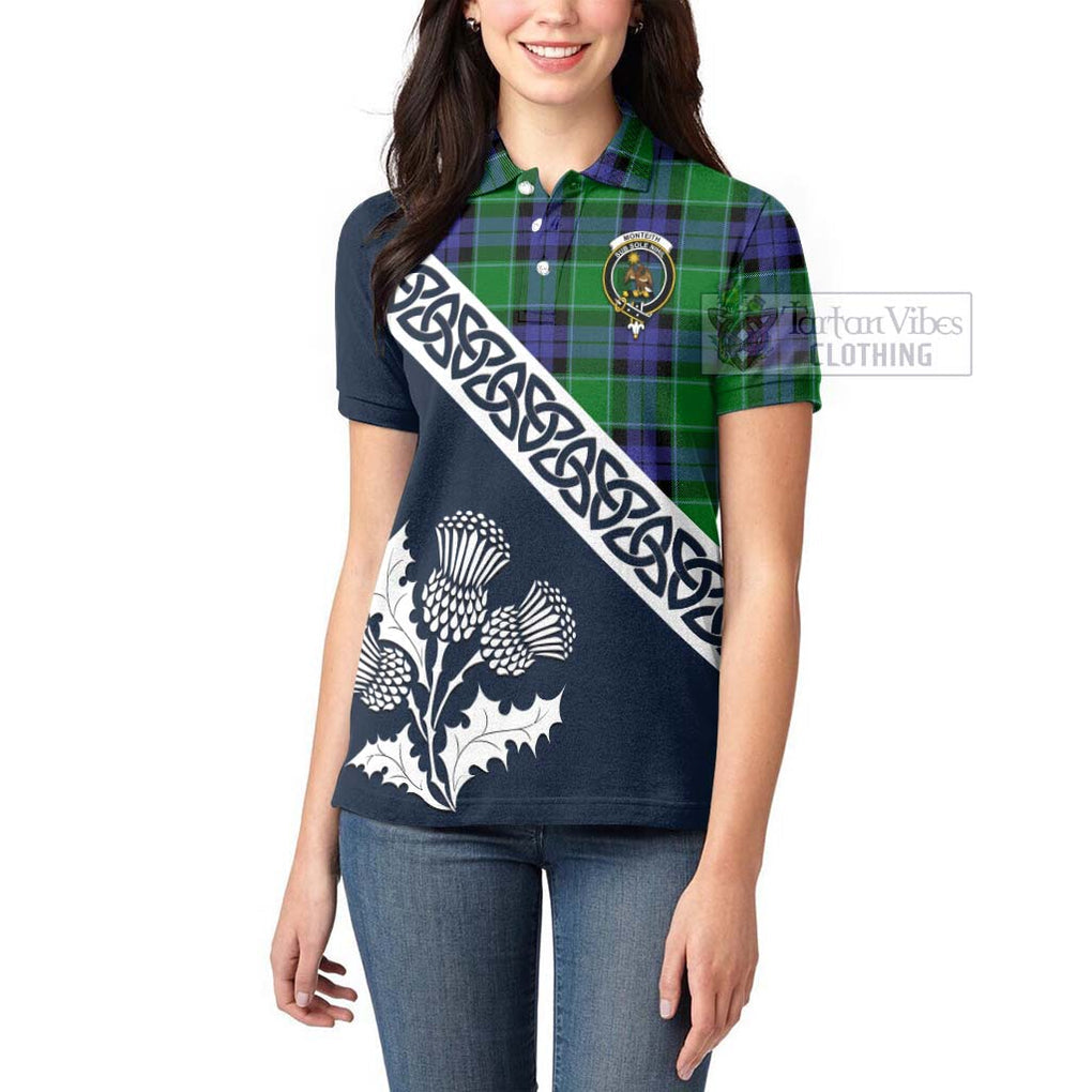 Monteith Tartan Women's Polo Shirt Featuring Thistle and Scotland Map - Tartanvibesclothing Store