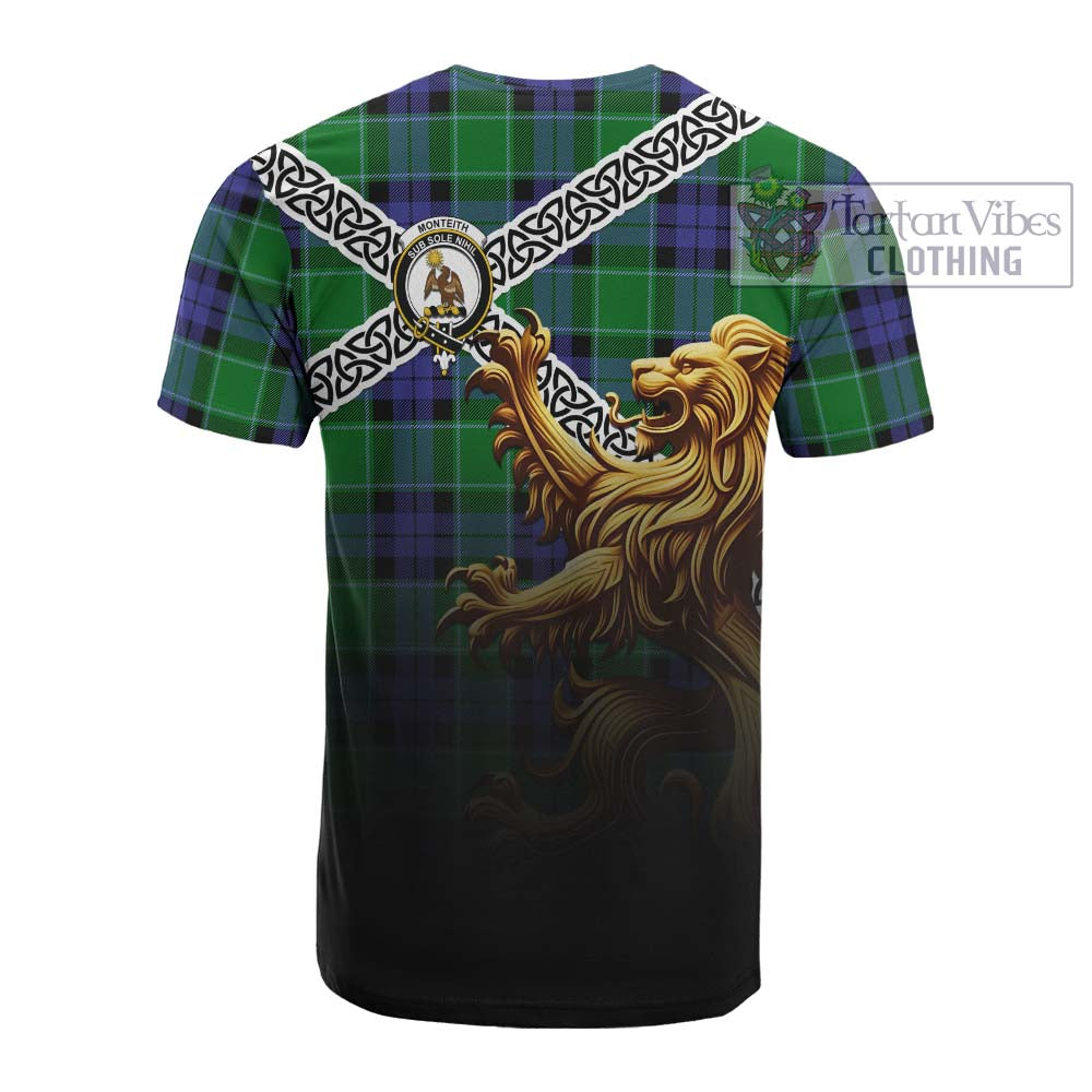 Monteith Crest Tartan Cotton T-shirt with Golden Lion Emblem Celtic Style - Tartan Vibes Clothing